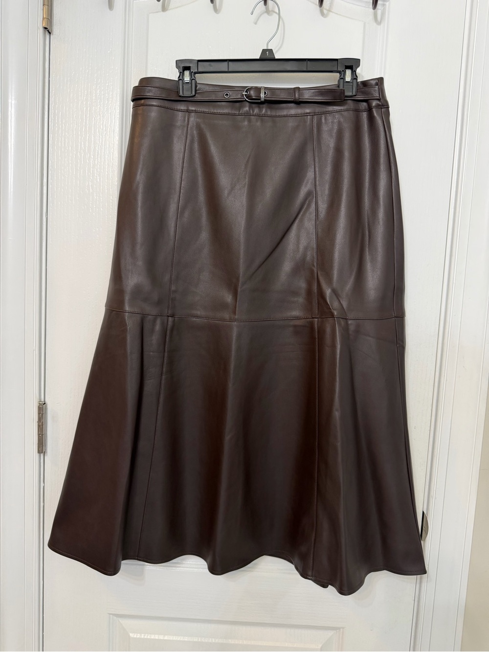 Women's Brown Faux Leather A-Line Skirt with Belt